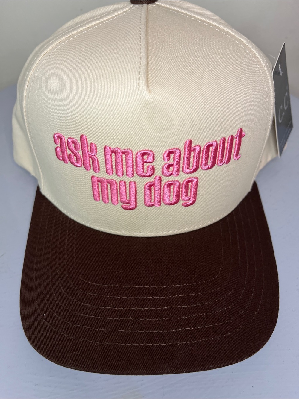 C.C. “Ask Me About My Dog” Beige & Brown Trucker Hat with Pink Embroidery NEW